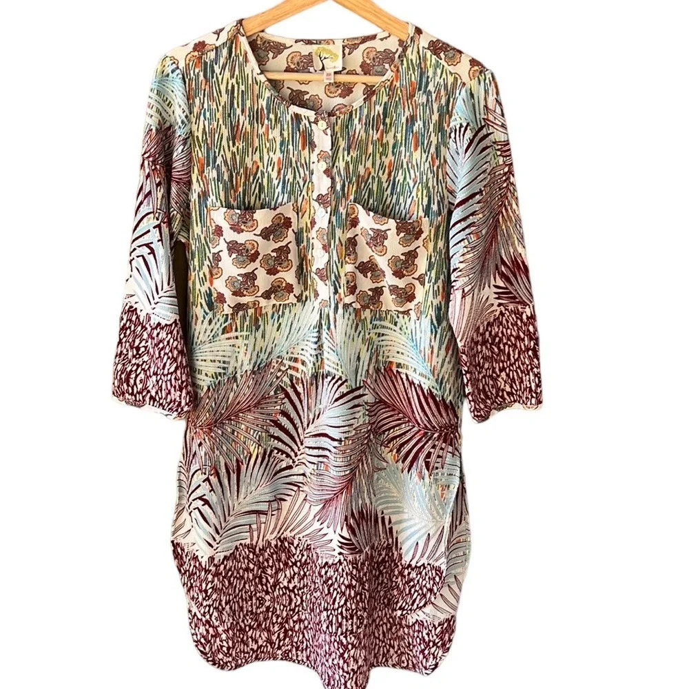 Fig and Flower Mixed Print 3/4 Sleeve Boho Tunic Top. Sz M